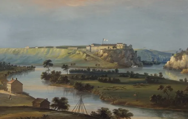 1844 Watercolor of Fort Snelling above Bdote, by John Caspar Wild (Wikimedia Commons)