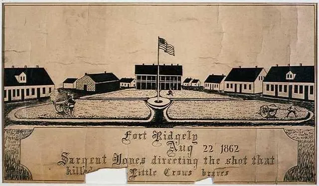 Print of Fort Ridgely in 1862, showing a parade ground with a tall flag in the centered, surrounded by simple buildings