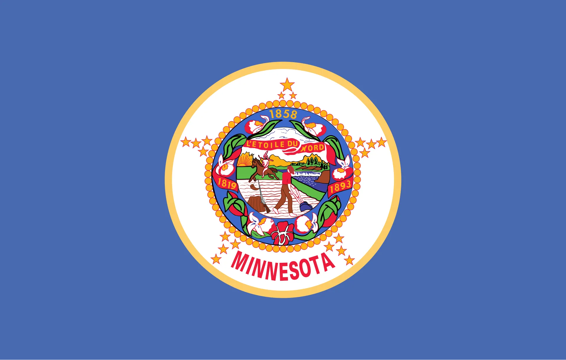 The former flag of Minnesota, comprised of the circular state seal on a blue background. The seal is full of symbolism, most notably showing a farmer plowing a field, looking at a red Indian (literally the color red) on horseback as he rides away. The indian carries a slender spear, while the farmer keeps a rifle nearby leaning on a stump. In the background, the sun is setting near St. Anthony Falls. The state motto, L'Etoile Du Nord, appears above.