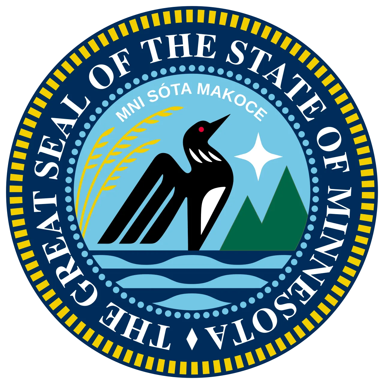 The seal is round, prominently featuring a stylized Common Loon rising out of water, with trees and wild rice. Above the loon is 'Mni Sóta Makoce'