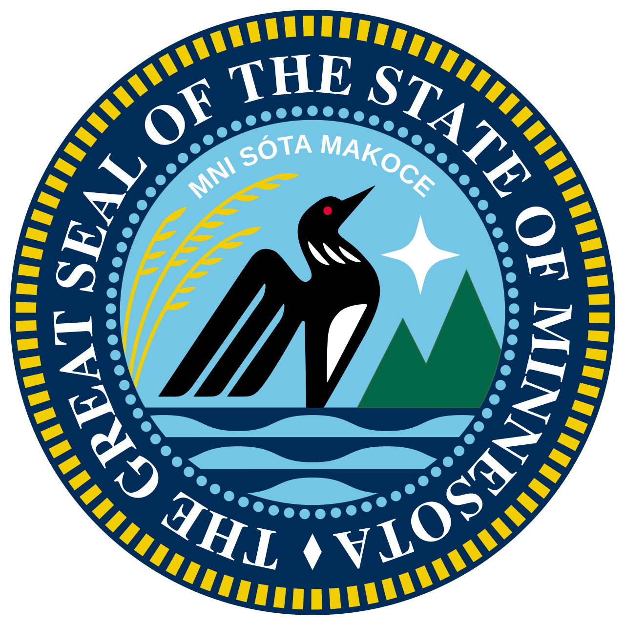 The seal is round, prominently featuring a stylized Common Loon rising out of water, with trees and wild rice. Above the loon is 'Mni Sóta Makoce'