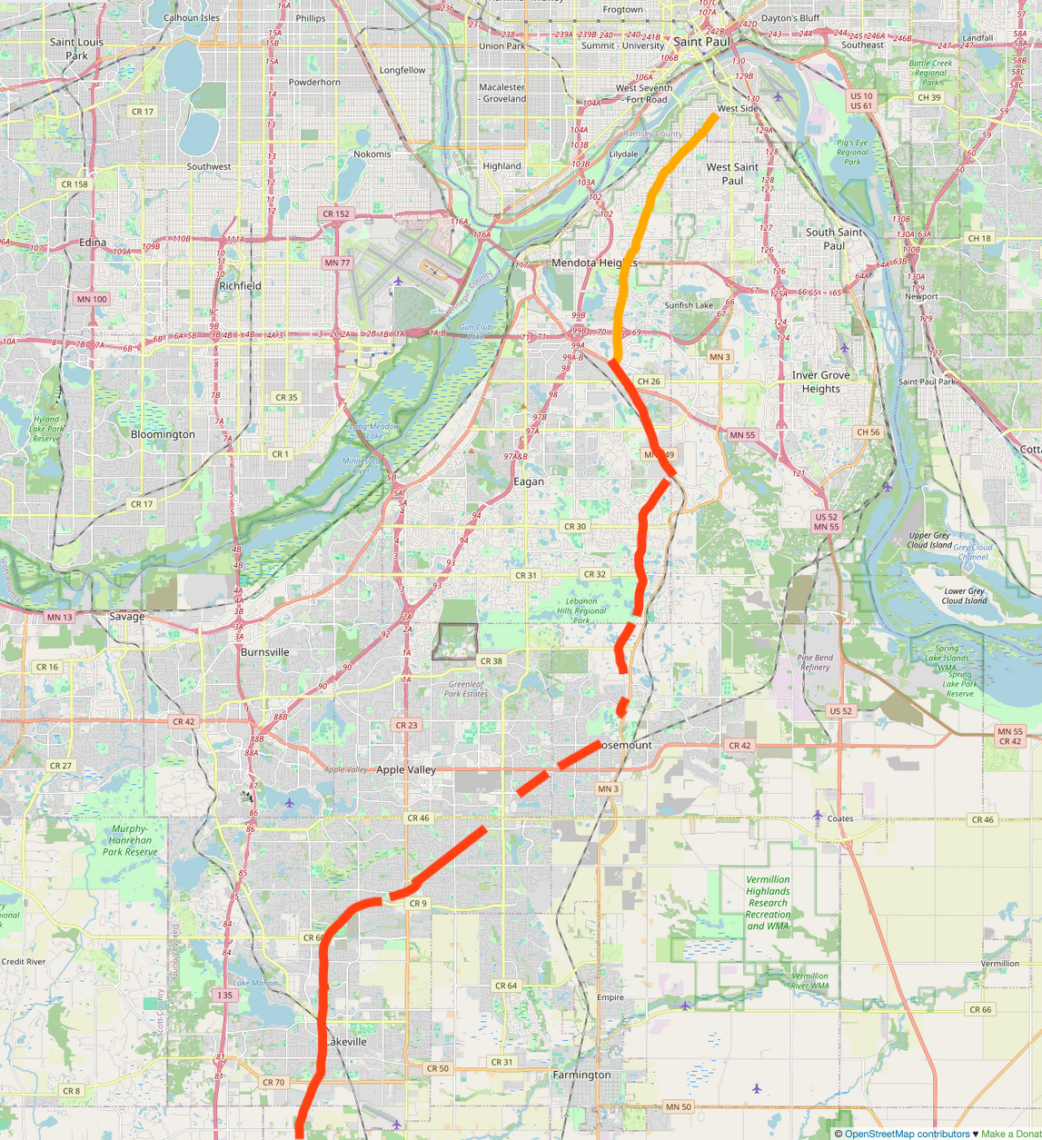 Map of Dodd Road and Dodd Boulevard snaking through northern Dakota county with many breaks
